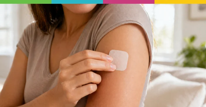 Woman applying a patch to her upper arm